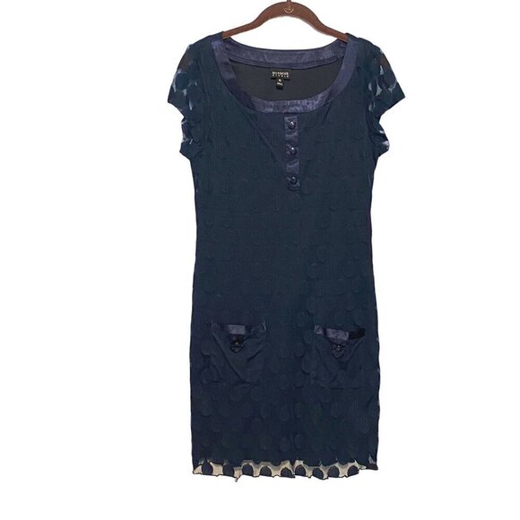 En Focus Studio Navy Shift Dress Lace Polka Dot Overlay Women's Size 10 NWT - Picture 1 of 10